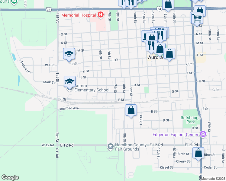 map of restaurants, bars, coffee shops, grocery stores, and more near 703 7th Street in Aurora
