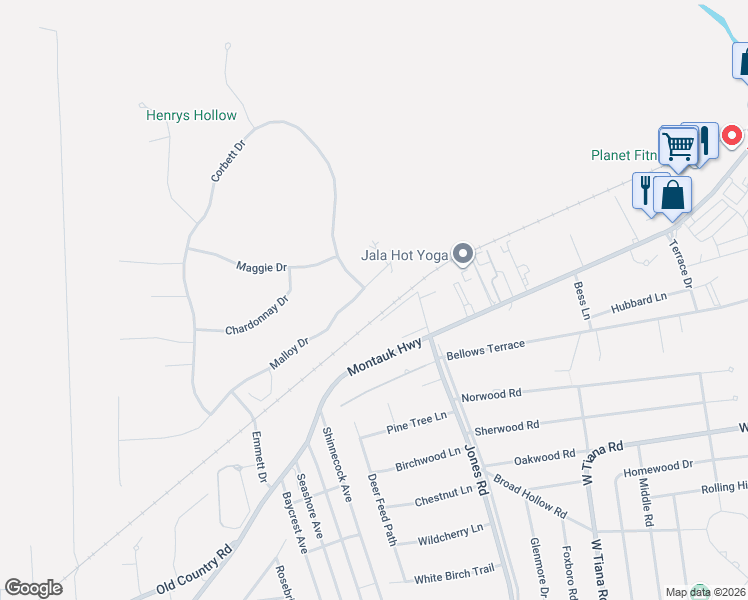 map of restaurants, bars, coffee shops, grocery stores, and more near 135 Malloy Drive in East Quogue