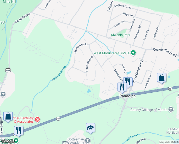 map of restaurants, bars, coffee shops, grocery stores, and more near 17 Trade Winds Drive in Randolph