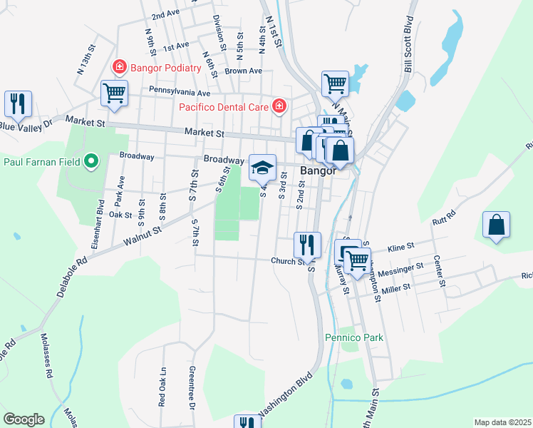 map of restaurants, bars, coffee shops, grocery stores, and more near 321 South 4th Street in Bangor
