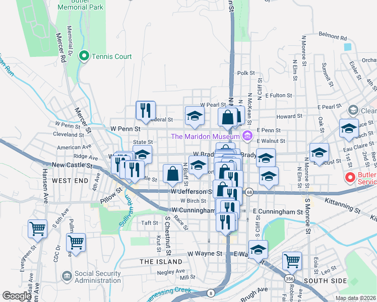 map of restaurants, bars, coffee shops, grocery stores, and more near 219 North Bluff Street in Butler