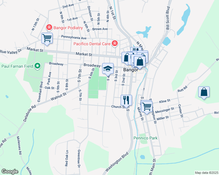 map of restaurants, bars, coffee shops, grocery stores, and more near 321 South 4th Street in Bangor