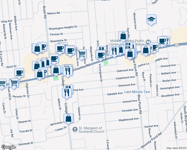 map of restaurants, bars, coffee shops, grocery stores, and more near 72 Oakmont Avenue in Selden