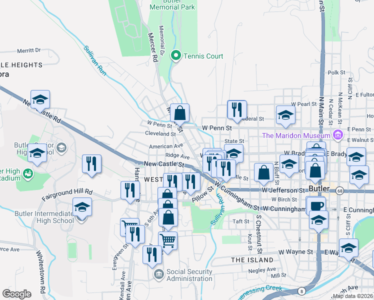 map of restaurants, bars, coffee shops, grocery stores, and more near 620 New Castle Street in Butler