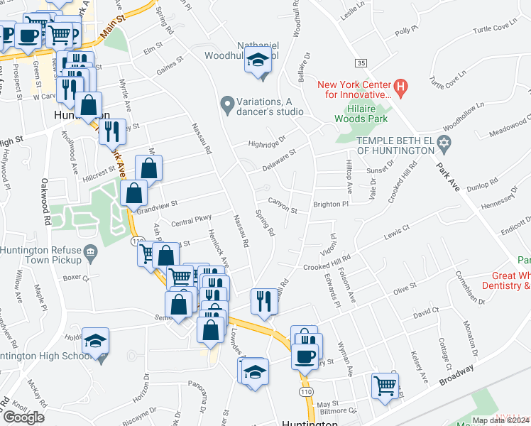 map of restaurants, bars, coffee shops, grocery stores, and more near 294 Spring Road in Huntington