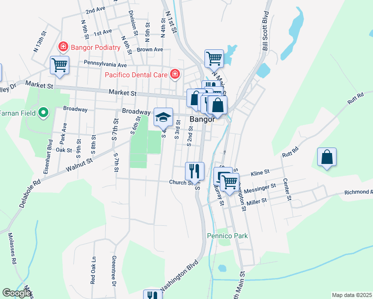 map of restaurants, bars, coffee shops, grocery stores, and more near 316 South 2nd Street in Bangor