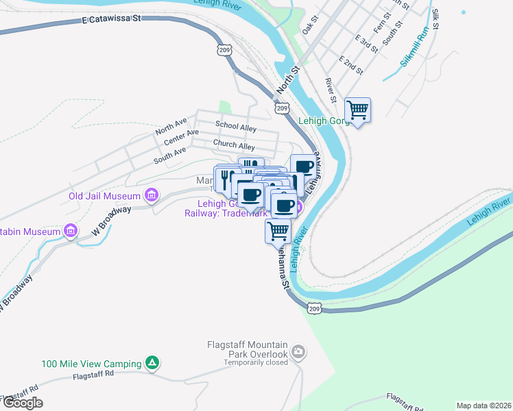 map of restaurants, bars, coffee shops, grocery stores, and more near 62 Broadway in Jim Thorpe