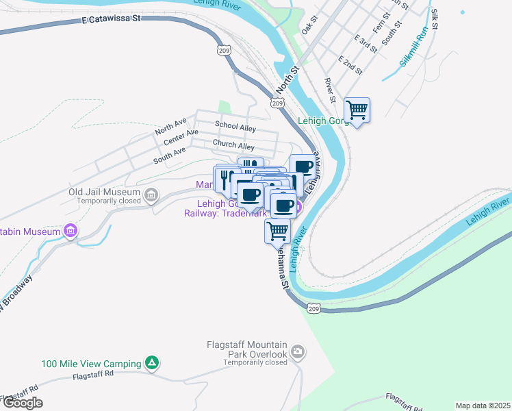 map of restaurants, bars, coffee shops, grocery stores, and more near Broadway in Jim Thorpe