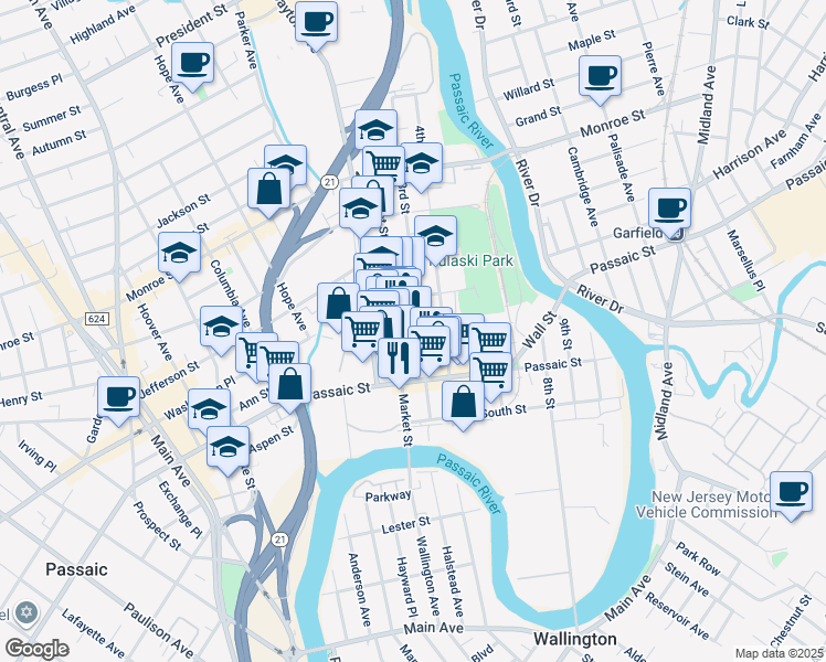 map of restaurants, bars, coffee shops, grocery stores, and more near 67 3rd Street in Passaic