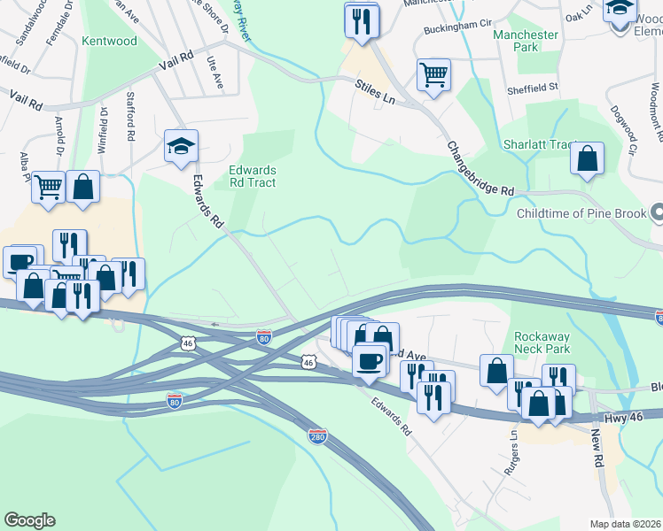 map of restaurants, bars, coffee shops, grocery stores, and more near 52 White Oak Court in Parsippany-Troy Hills