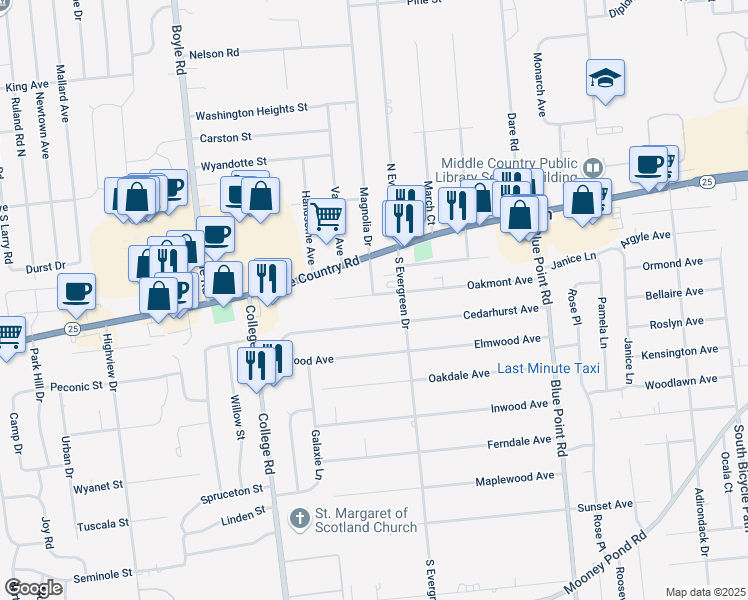 map of restaurants, bars, coffee shops, grocery stores, and more near 72 Oakmont Avenue in Selden