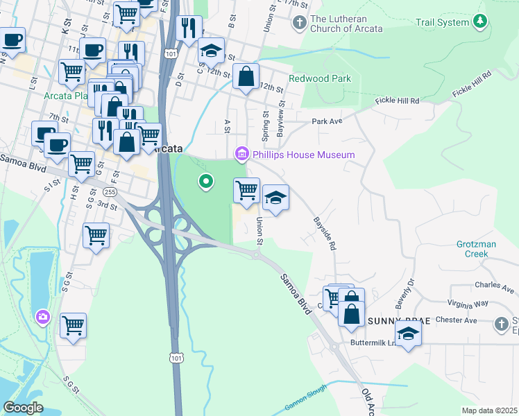 map of restaurants, bars, coffee shops, grocery stores, and more near in Arcata