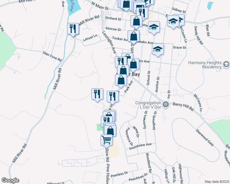 map of restaurants, bars, coffee shops, grocery stores, and more near 102 Pine Hollow Road in Oyster Bay