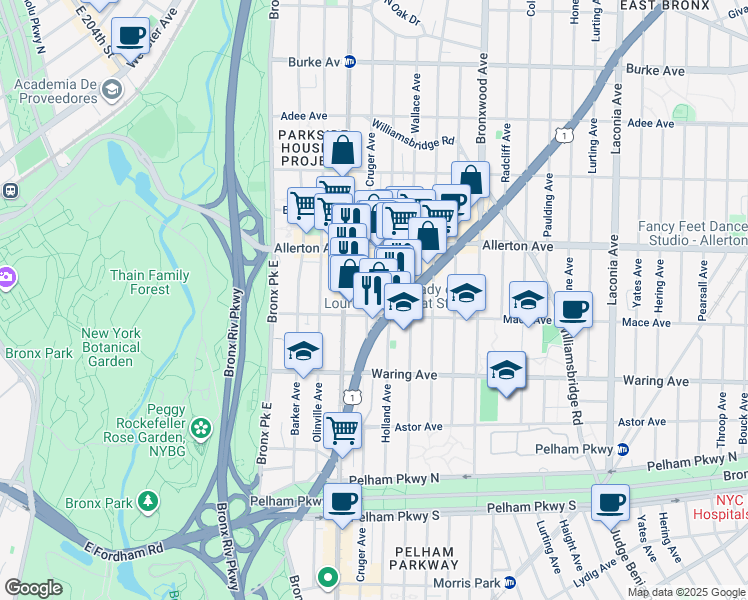 map of restaurants, bars, coffee shops, grocery stores, and more near in The Bronx