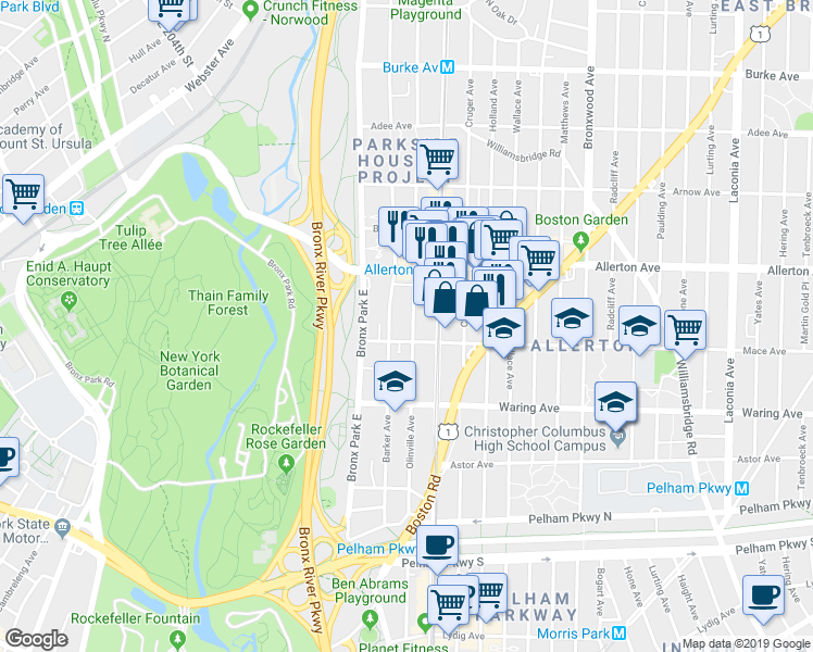 map of restaurants, bars, coffee shops, grocery stores, and more near in The Bronx