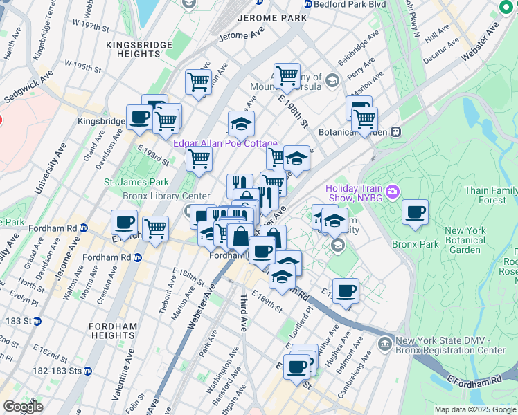 map of restaurants, bars, coffee shops, grocery stores, and more near 2603 Webster Avenue in Bronx