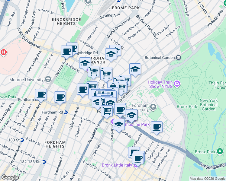 map of restaurants, bars, coffee shops, grocery stores, and more near in The Bronx