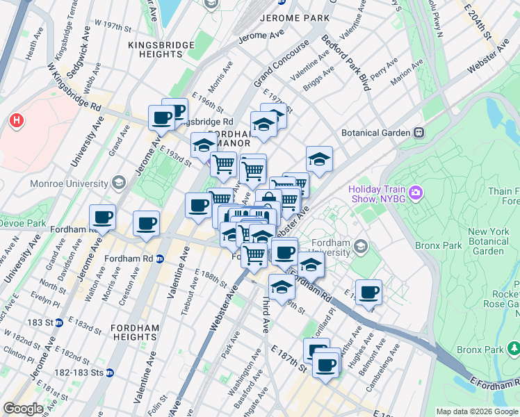 map of restaurants, bars, coffee shops, grocery stores, and more near in The Bronx