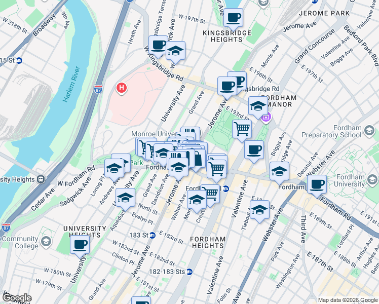 map of restaurants, bars, coffee shops, grocery stores, and more near Jerome Avenue in The Bronx