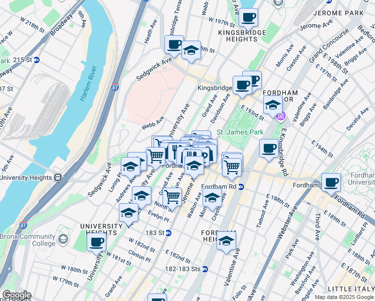 map of restaurants, bars, coffee shops, grocery stores, and more near 25 West Fordham Road in Bronx