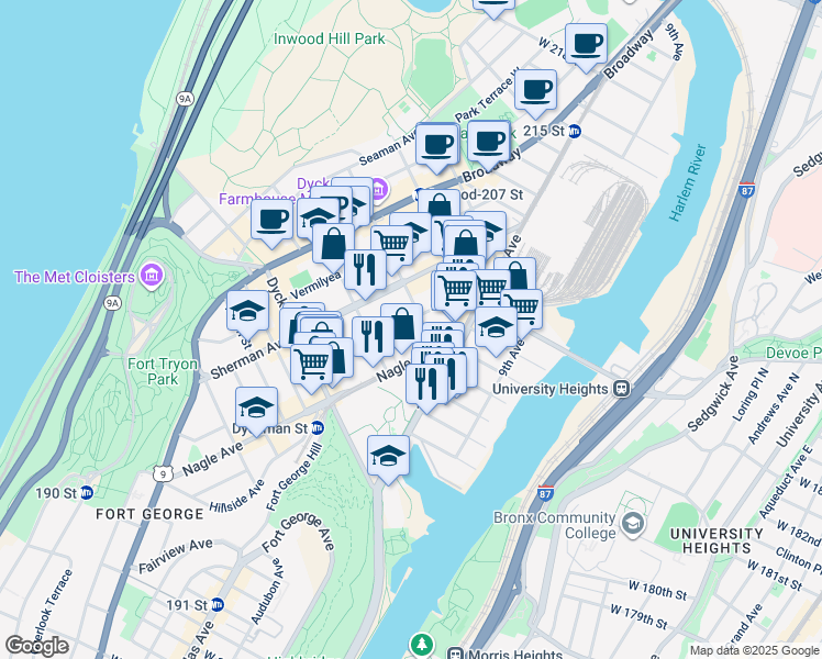 map of restaurants, bars, coffee shops, grocery stores, and more near 232 Nagle Avenue in New York