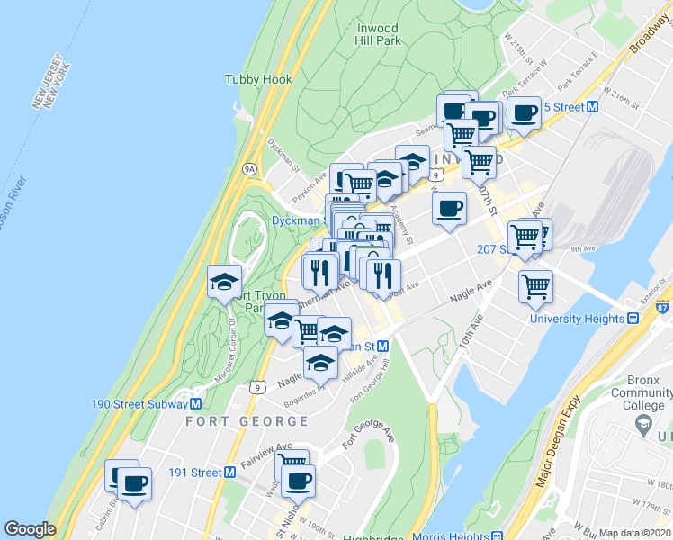 map of restaurants, bars, coffee shops, grocery stores, and more near 65 Sherman Avenue in New York