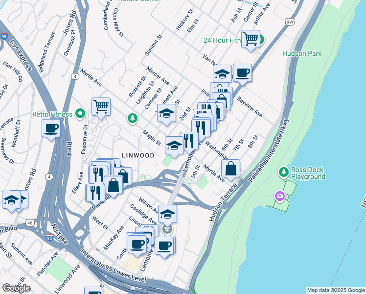map of restaurants, bars, coffee shops, grocery stores, and more near 2361 Lemoine Avenue in Fort Lee