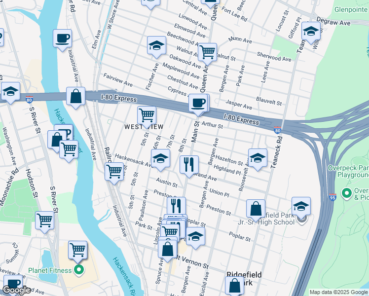 map of restaurants, bars, coffee shops, grocery stores, and more near 353 Main Street in Ridgefield Park