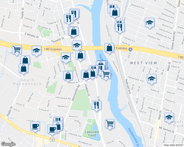map of restaurants, bars, coffee shops, grocery stores, and more near 490 Gardner Place in Hackensack
