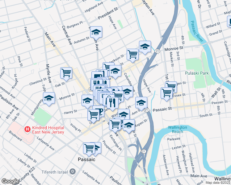 map of restaurants, bars, coffee shops, grocery stores, and more near 39 Hoover Avenue in Passaic