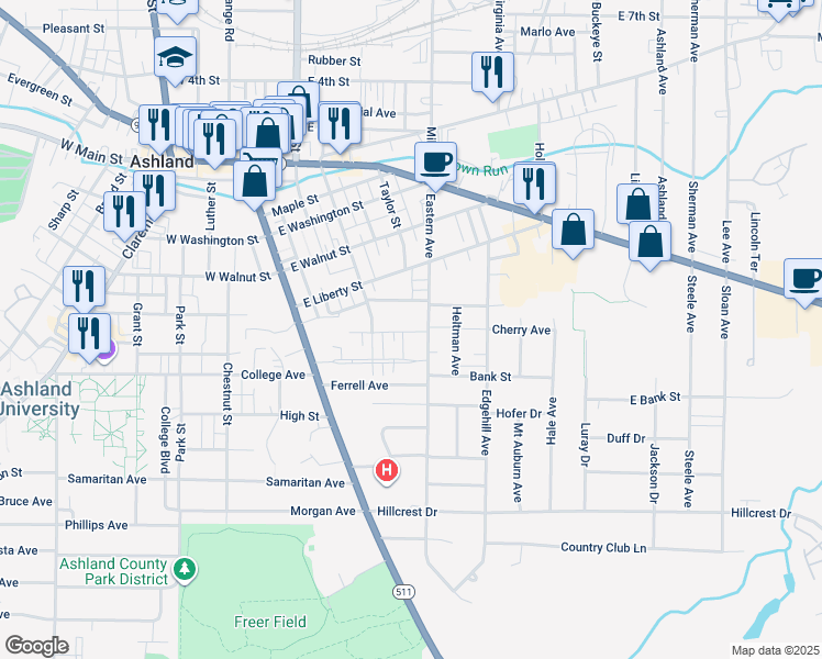 map of restaurants, bars, coffee shops, grocery stores, and more near 248 Highland Boulevard in Ashland