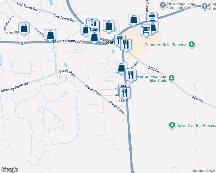 map of restaurants, bars, coffee shops, grocery stores, and more near Coram Avenue in Coram