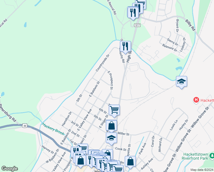 map of restaurants, bars, coffee shops, grocery stores, and more near 101 Countryside Lane in Hackettstown
