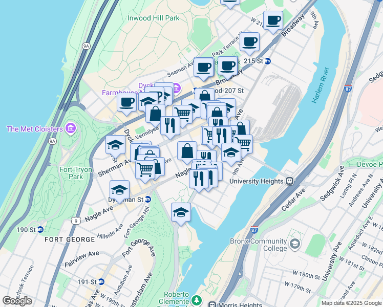 map of restaurants, bars, coffee shops, grocery stores, and more near 232 Nagle Avenue in New York