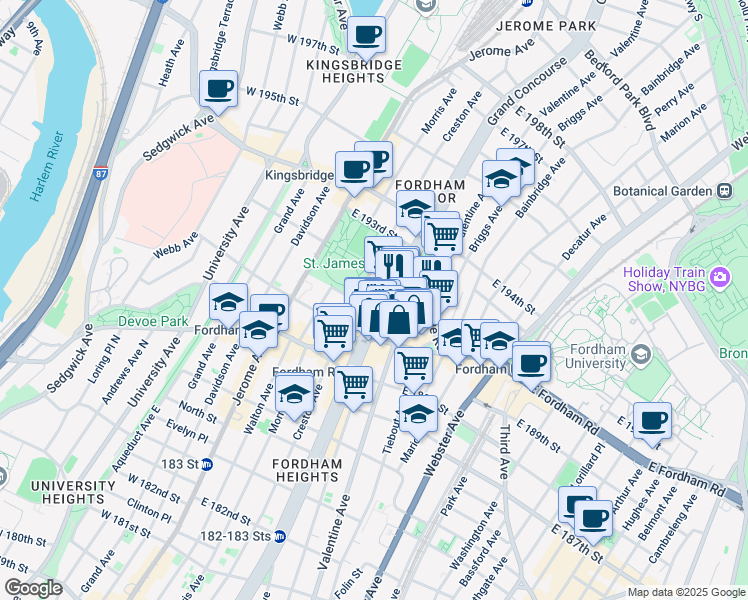 map of restaurants, bars, coffee shops, grocery stores, and more near 2526 Grand Concourse in The Bronx