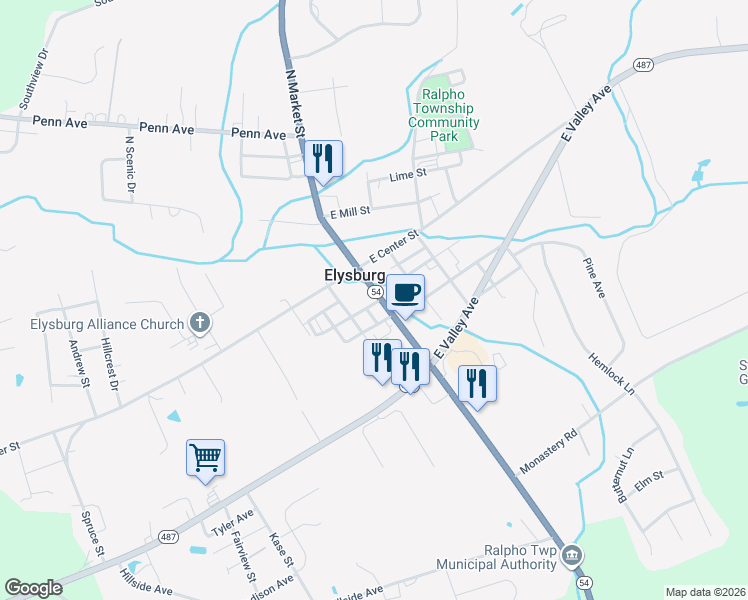 map of restaurants, bars, coffee shops, grocery stores, and more near 140 South Market Street in Elysburg