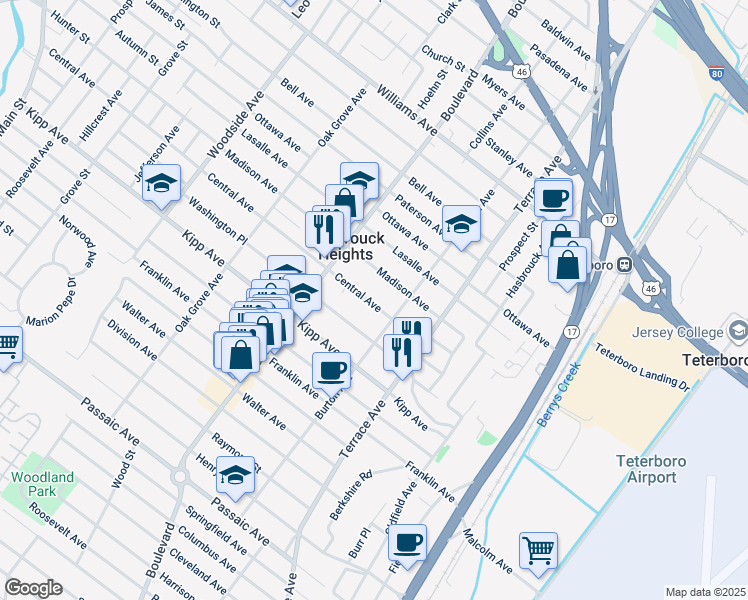 map of restaurants, bars, coffee shops, grocery stores, and more near 191 Burton Avenue in Hasbrouck Heights