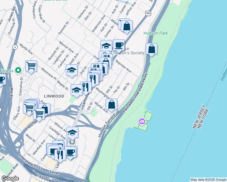 map of restaurants, bars, coffee shops, grocery stores, and more near 2463 8th Street in Fort Lee