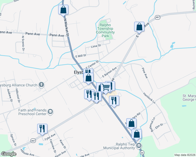 map of restaurants, bars, coffee shops, grocery stores, and more near 12 Walnut Street in Elysburg