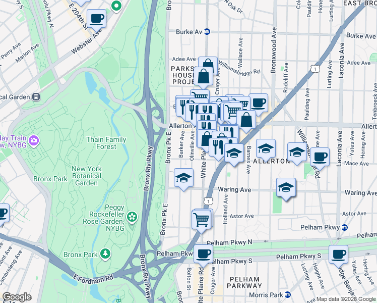 map of restaurants, bars, coffee shops, grocery stores, and more near 660 Mace Avenue in The Bronx
