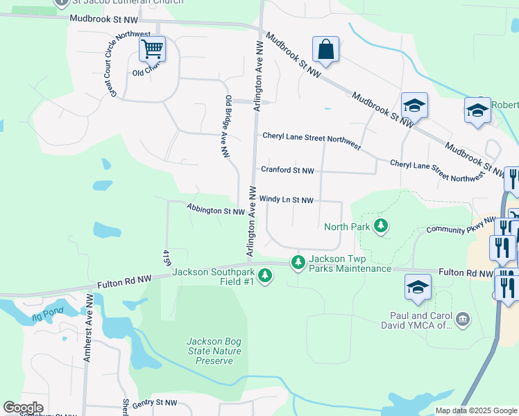 map of restaurants, bars, coffee shops, grocery stores, and more near 8091 Windward Trace Circle Northwest in Massillon