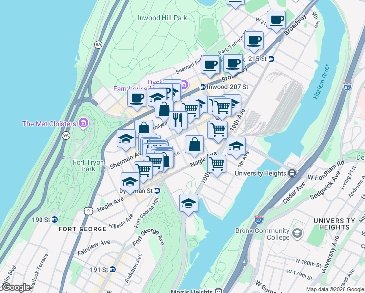 map of restaurants, bars, coffee shops, grocery stores, and more near 571 Academy Street in New York