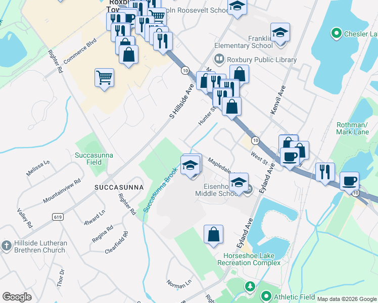 map of restaurants, bars, coffee shops, grocery stores, and more near 54 Mapledale Avenue in Roxbury Township