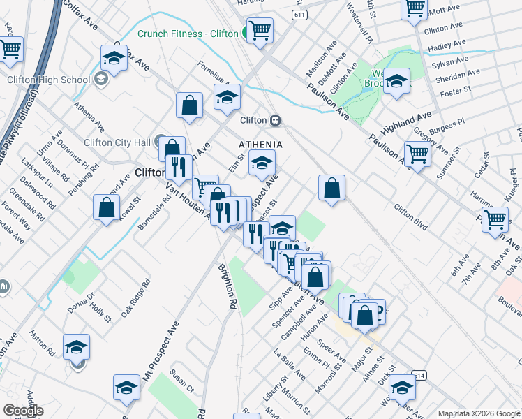map of restaurants, bars, coffee shops, grocery stores, and more near 105 Sargeant Avenue in Clifton
