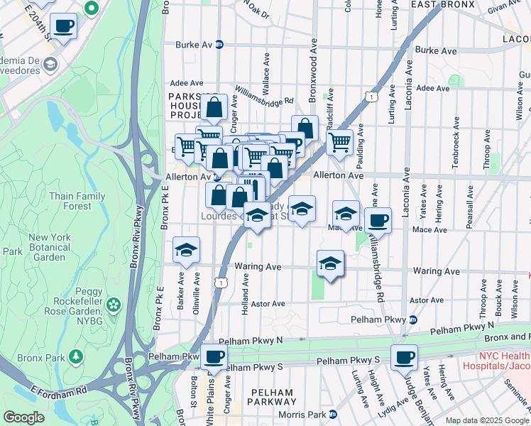 map of restaurants, bars, coffee shops, grocery stores, and more near 2513 Wallace Avenue in Bronx