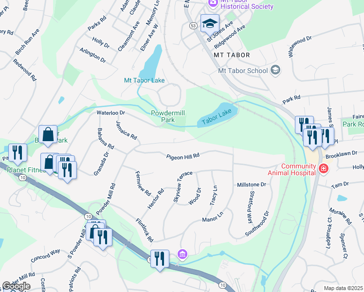 map of restaurants, bars, coffee shops, grocery stores, and more near 210 Powder Mill Road in Morris Plains