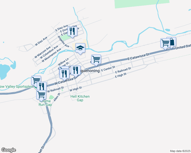 map of restaurants, bars, coffee shops, grocery stores, and more near 34 East Railroad Street in Nesquehoning
