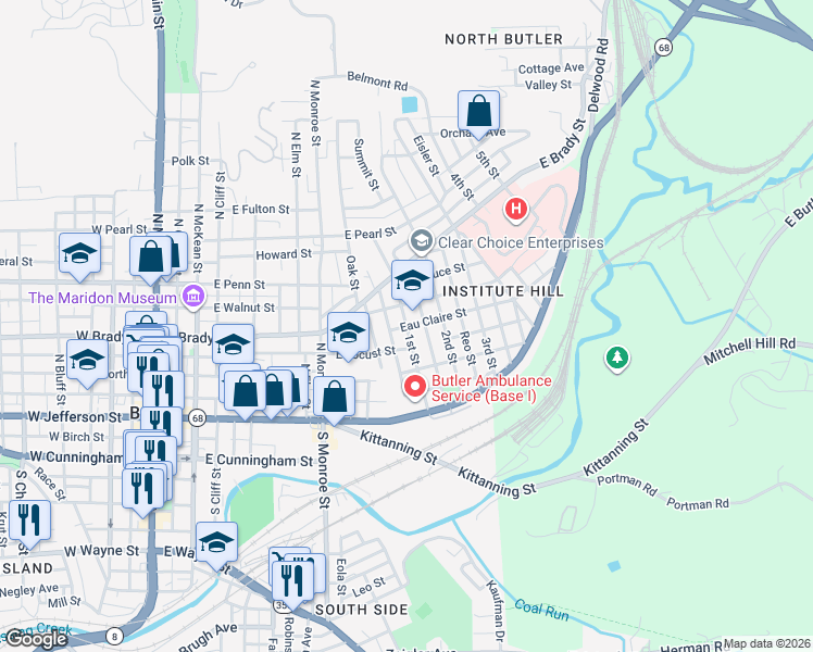 map of restaurants, bars, coffee shops, grocery stores, and more near 1st Street in Butler