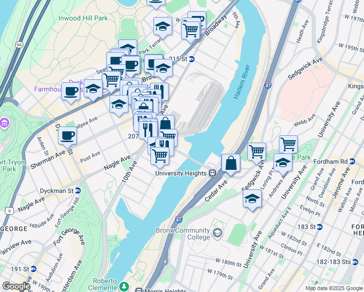 map of restaurants, bars, coffee shops, grocery stores, and more near 375 West 207th Street in New York