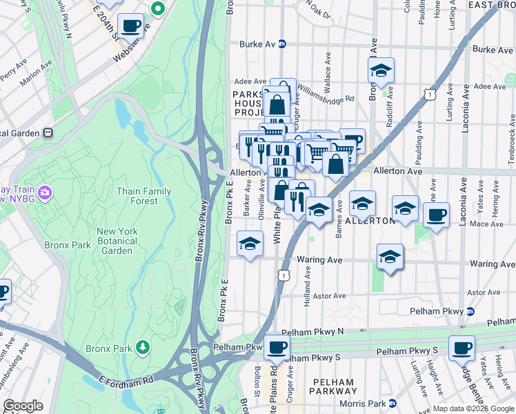 map of restaurants, bars, coffee shops, grocery stores, and more near 2515 Olinville Avenue in Bronx
